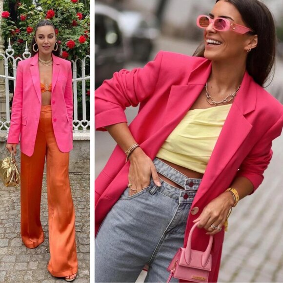 NEW Zara Straight Blazer Jacket Oversized Influencer Favorite Fuchsia Pink Chic - Picture 1 of 10